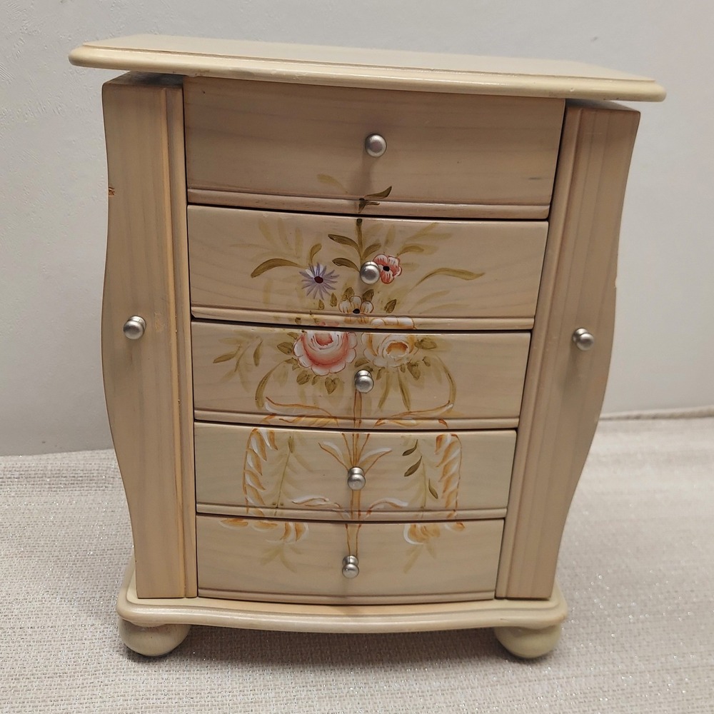 Vintage Floral Hand Painted Wooden Jewelry Armoire Chest Mirror Cream 13.5"